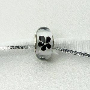 Pandora Black Blossom Flower White Murano Glass Charm